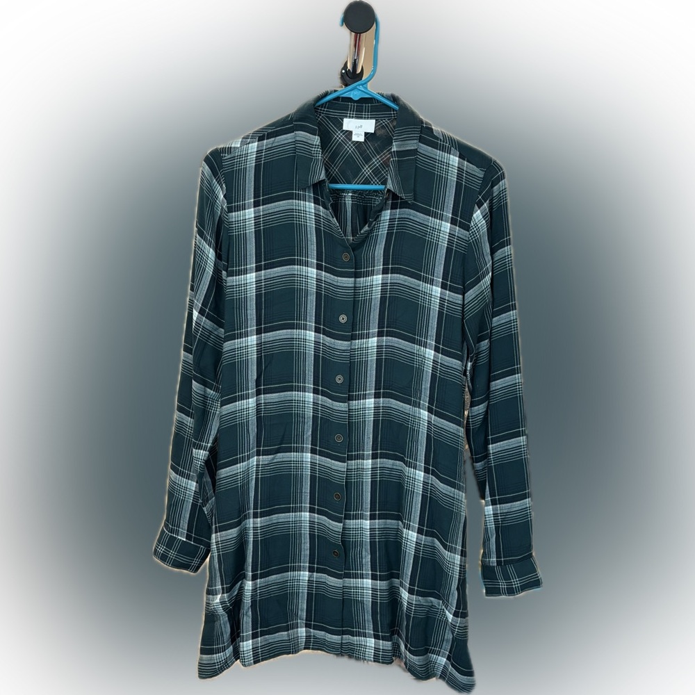 J. Jill rayon green plaid tunic button down long sleeve size XS fall cozy pocket